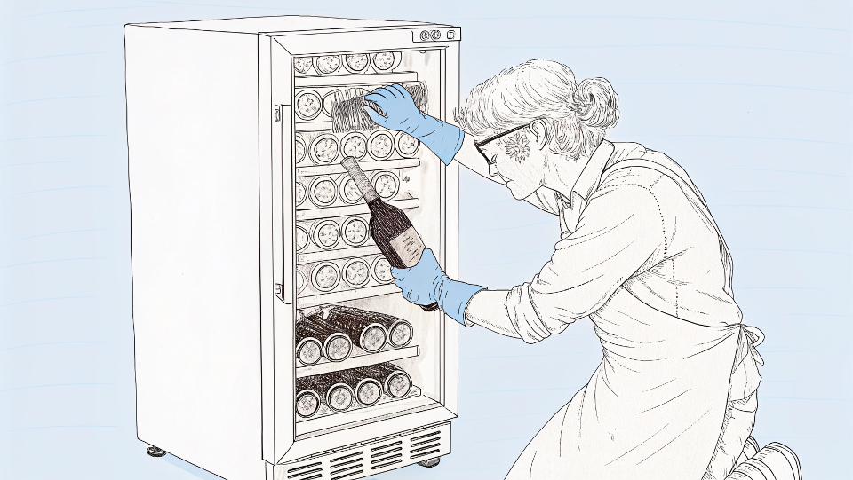 A person cleaning the back of a wine cooler with a brush