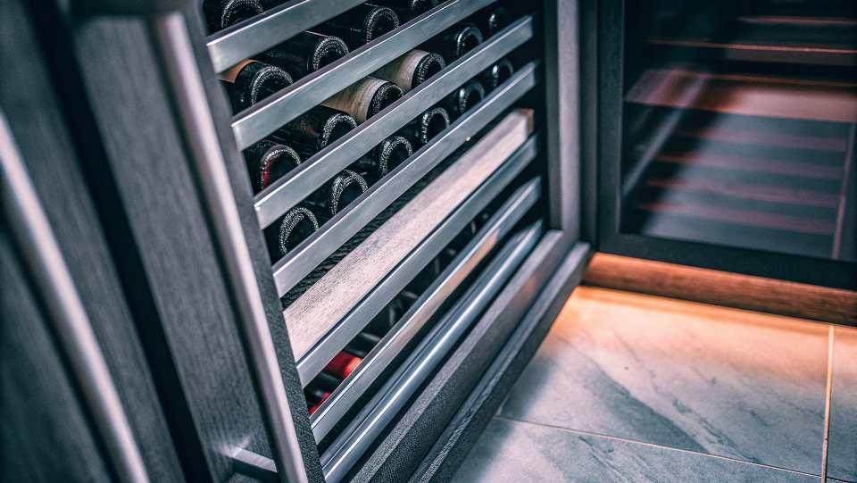 An elegant wine cooler installed in a modern office pantry.
