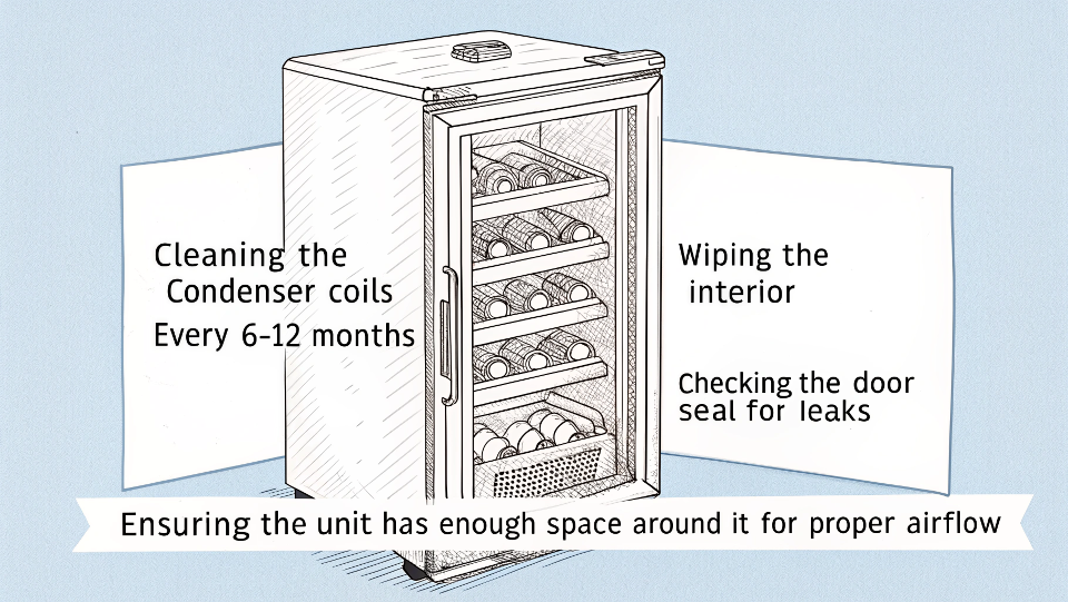 A checklist graphic showing simple maintenance tasks for a wine fridge