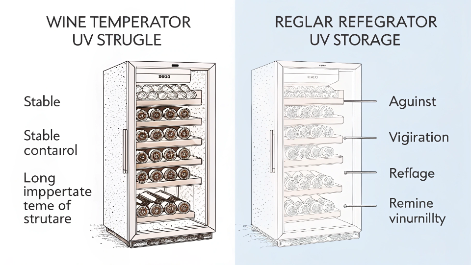 A graphic comparing a wine fridge to a regular fridge for wine storage