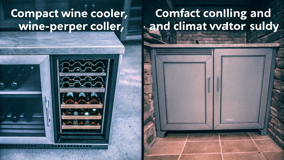 A comparison showing a compact wine cooler next to a large, furniture-like wine cabinet.