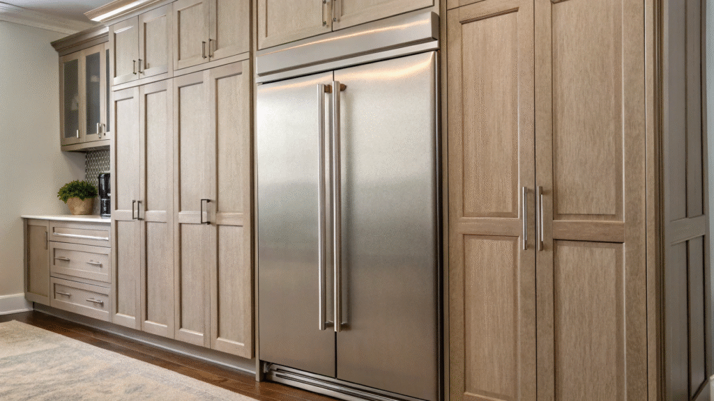 A close-up of a panel-ready built-in refrigerator seamlessly integrated into kitchen cabinetry