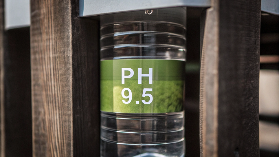 A close-up of a water bottle label showing pH 9.5
