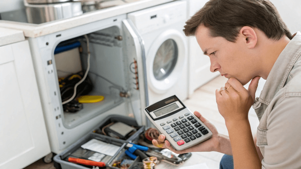 Repair or Replace Decision A person looking at a calculator, deciding between repairing and replacing an appliance.