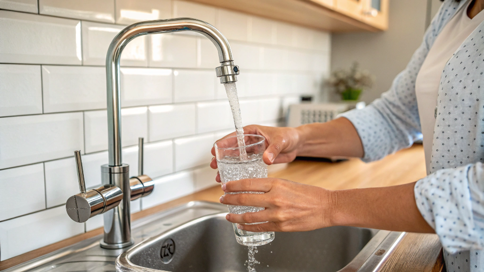 A person pouring a glass of water from a tap