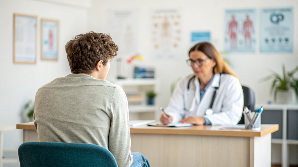 A person talking to a doctor in a clinic