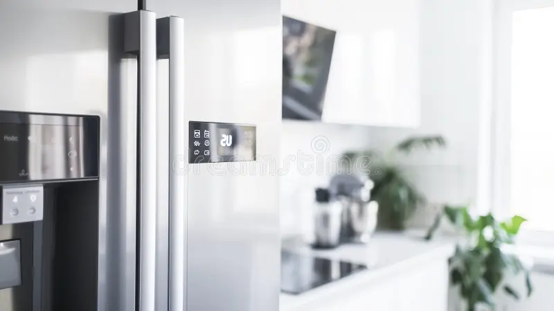 A close-up shot of a sleek stainless steel refrigerator door.