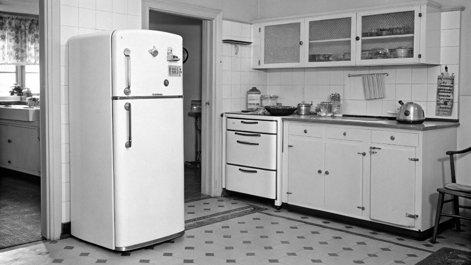 A black and white photo of an early electric refrigerator in a kitchen