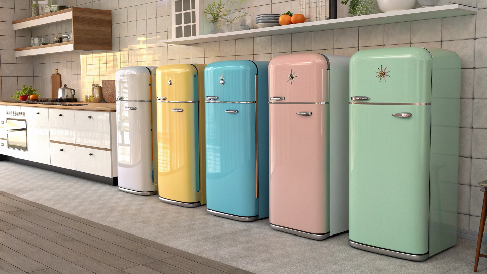A row of colorful 1950s retro refrigerators
