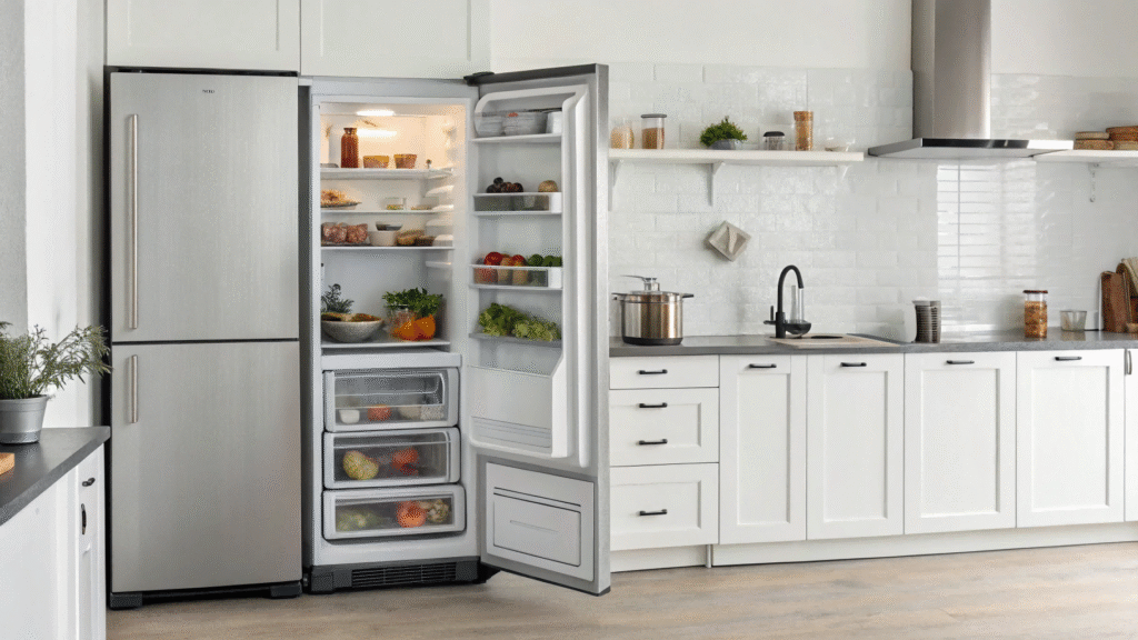 Side-by-side comparison of a built-in refrigerator and a freestanding refrigerator in a kitchen