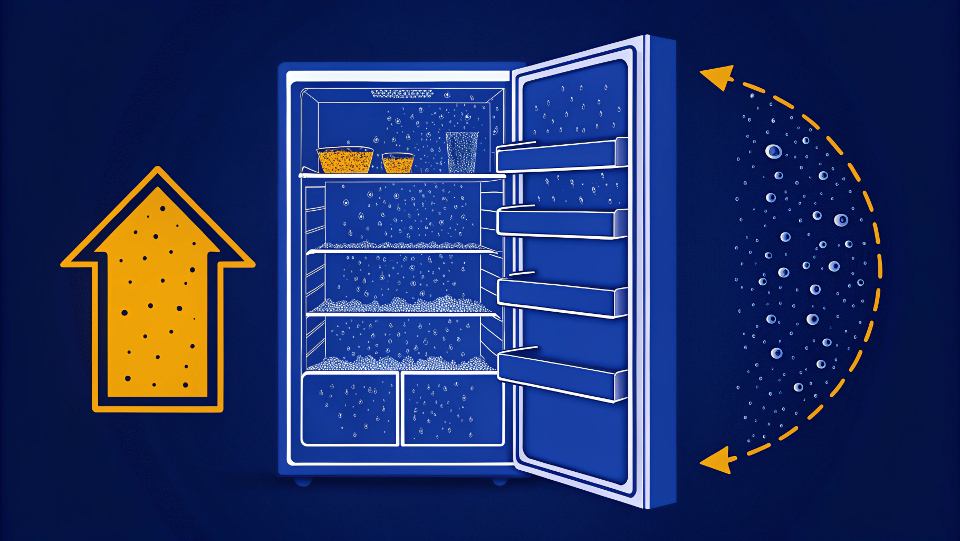 a diagram showing how moisture and food particles cause mold on a fridge seal
