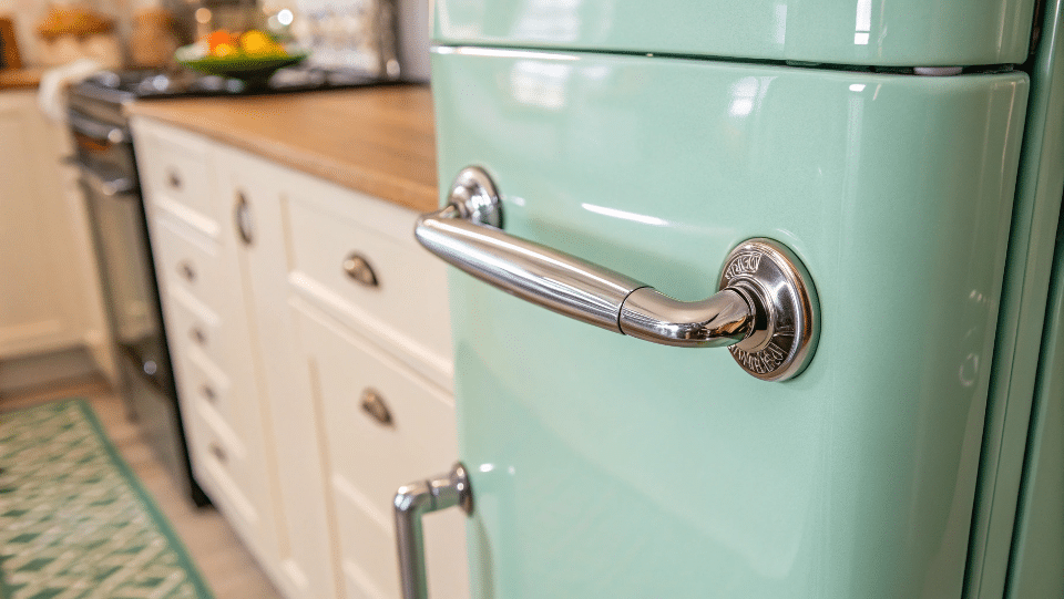 Close-up of a chrome handle on a pastel retro fridge