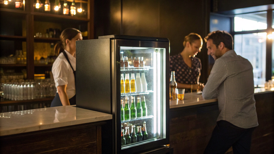 A customer smiling as they receive a frosty beer from a bartender