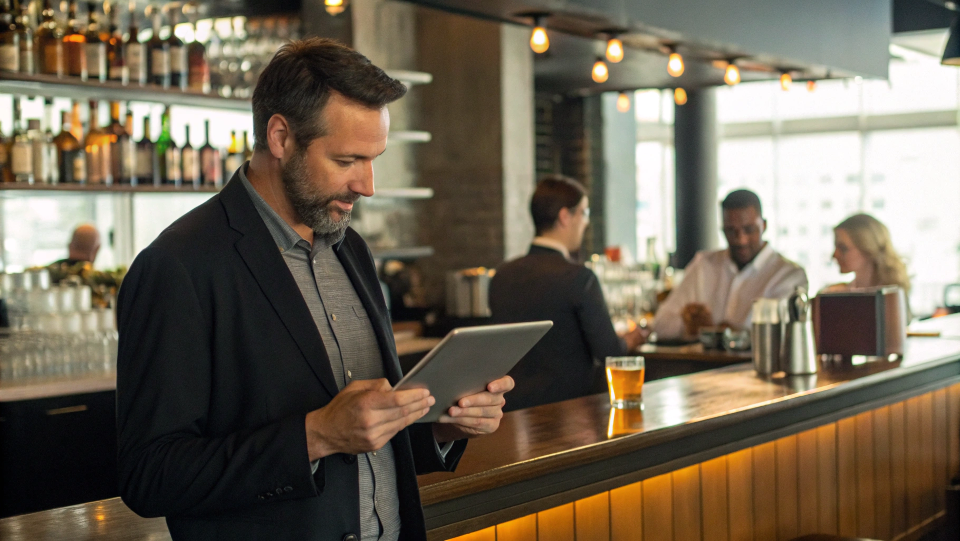 A bar owner reviewing finances on a tablet, with a thriving bar in the background