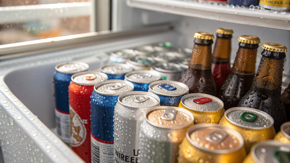 A close-up shot of ice-cold cans and bottles neatly arranged inside a beverage cooler, with condensation on them.