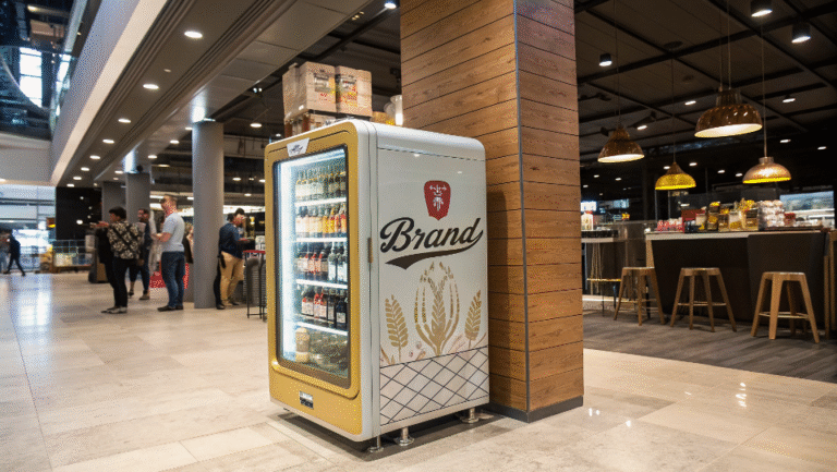 A stylish custom retro beer fridge with a brand logo displayed in a modern retail space.