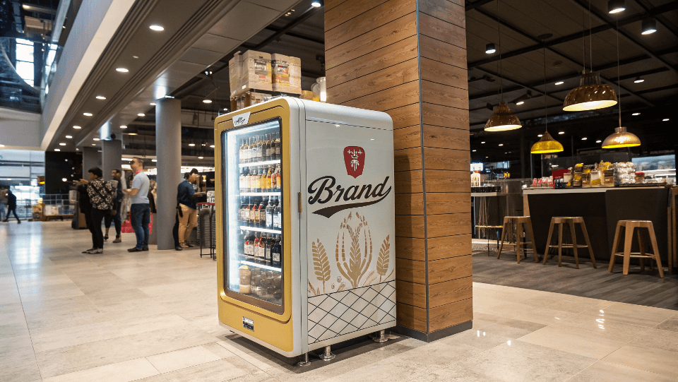 A stylish custom retro beer fridge with a brand logo displayed in a modern retail space.