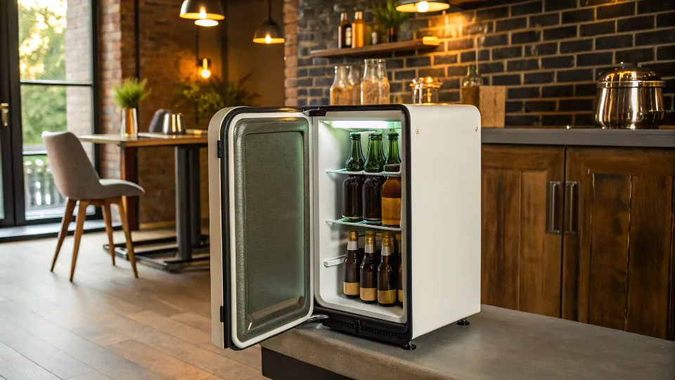 a custom branded retro beer fridge in a stylish setting