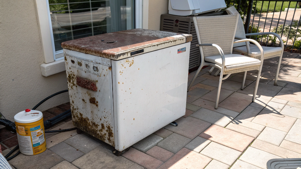 An example of a rusted indoor mini-fridge left outside on a patio, looking worn and broken.