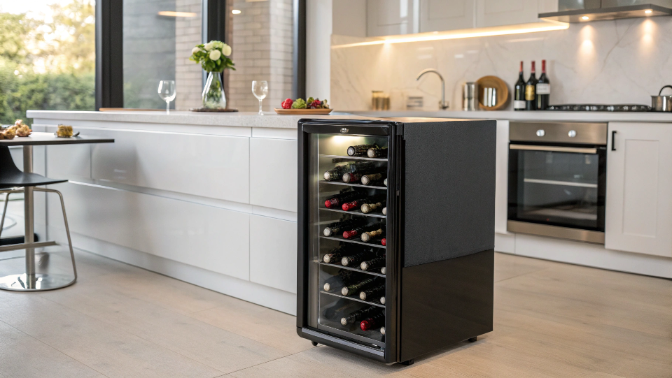 A stylish retro wine cooler in a modern kitchen setting