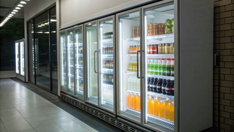 A brightly lit display refrigerator in a store filled with drinks
