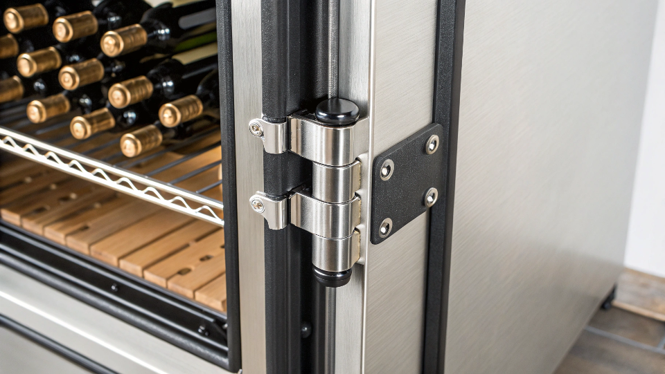 Close-up of a sturdy stainless steel hinge on a commercial wine cooler