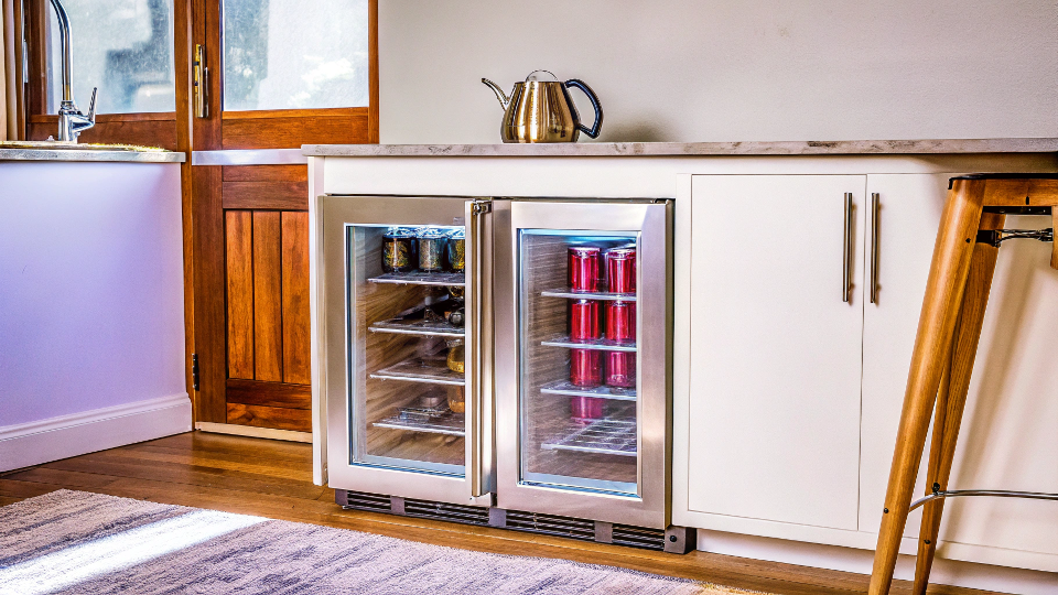 A stylish and energy-efficient beverage cooler in a modern kitchen setting