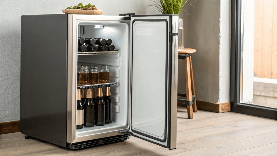 An energy efficiency label on the back of a retro fridge