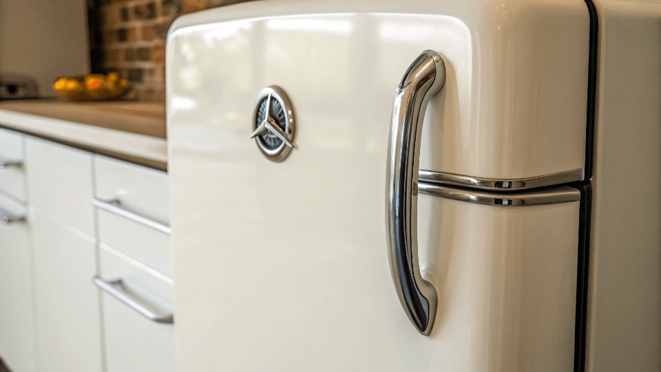 close-up of a custom logo on a retro fridge