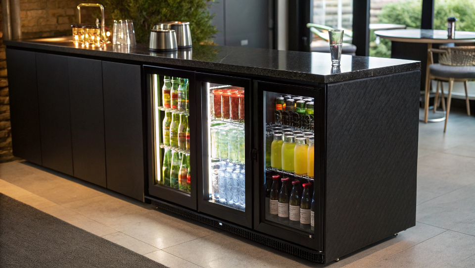 A sleek black bar cooler filled with colorful drinks under bright LED lighting