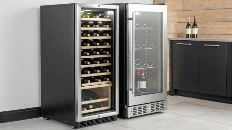 A sleek home wine cooler next to a large stainless steel commercial wine cooler