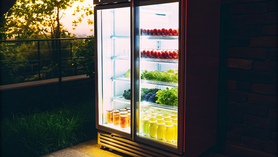 The internal workings of a display refrigerator showing fans and lighting