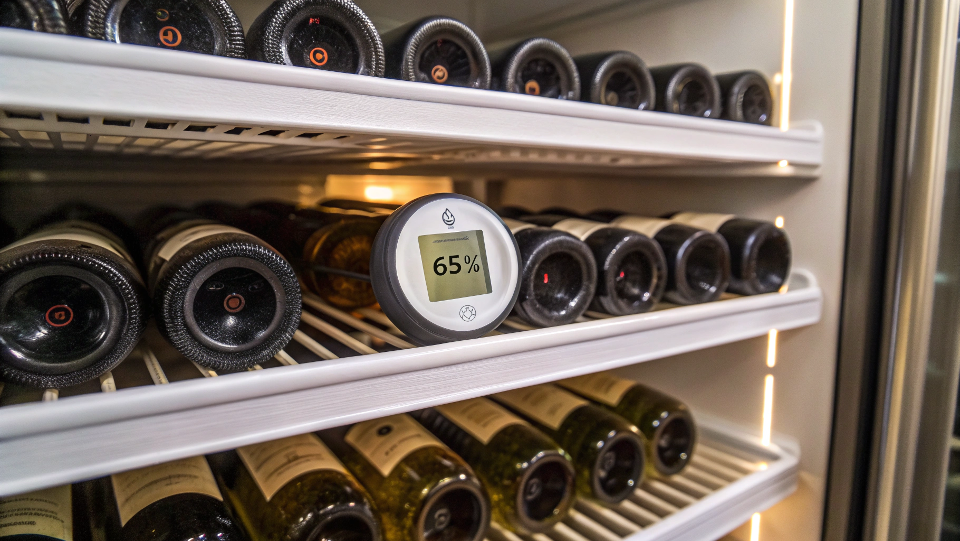 A hygrometer inside a wine fridge showing 65% humidity