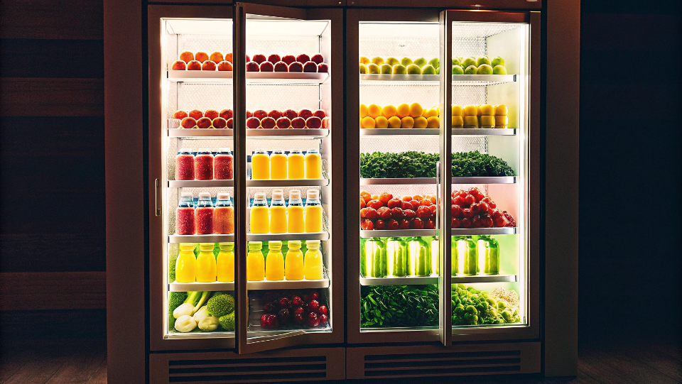 A perfectly stocked and organized commercial display fridge