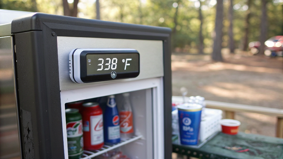 A digital thermostat on an outdoor beverage cooler displaying a temperature of 38°F.