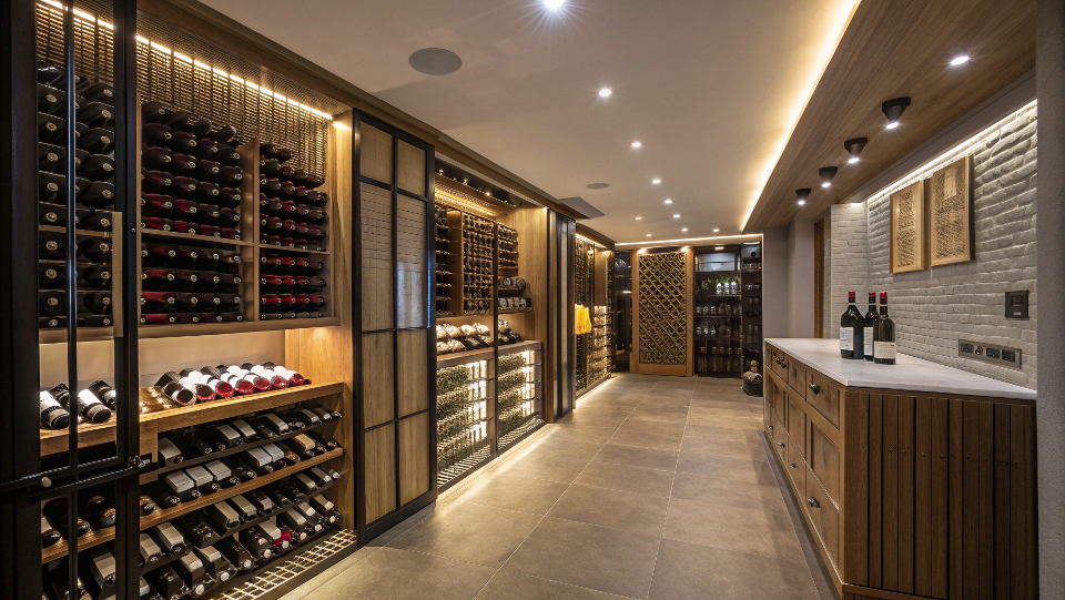 A beautifully lit modern wine cellar with LED lights