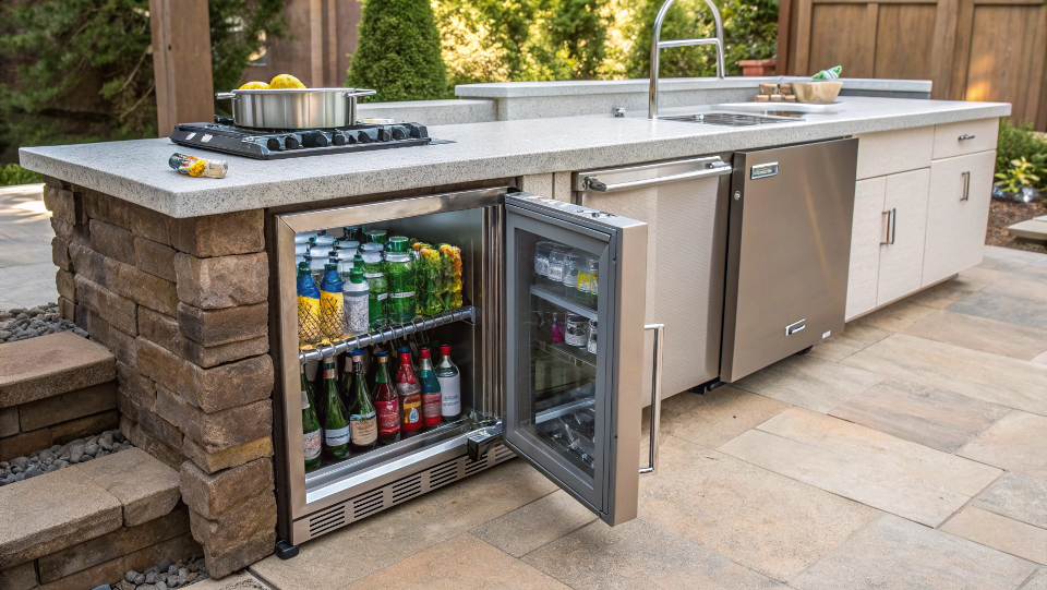 A shiny stainless steel outdoor beverage cooler built into an outdoor kitchen counter, with the door open showing chilled drinks.