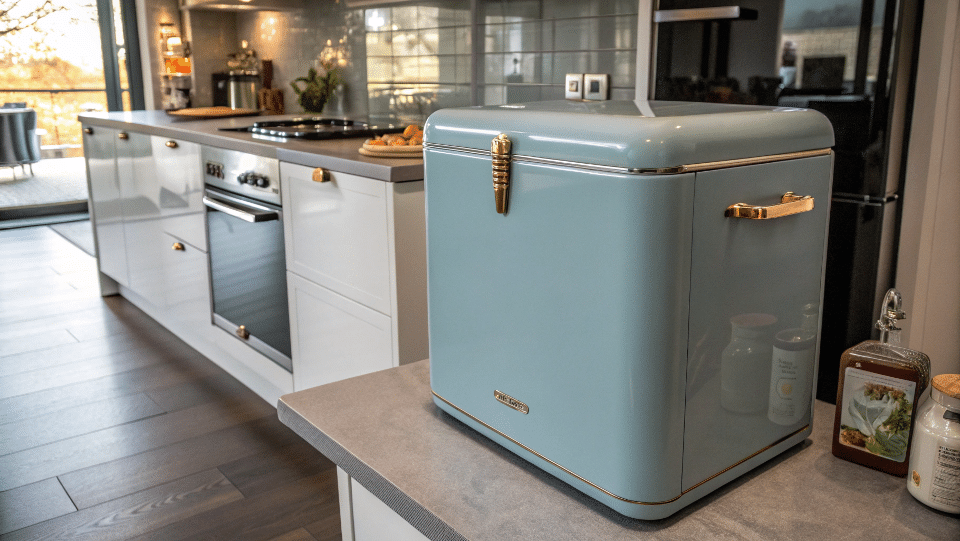 A retro-style bar cooler in a modern kitchen, featuring a dusty blue color and brass handles.