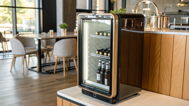 A stylish retro beer fridge in a modern cafe setting