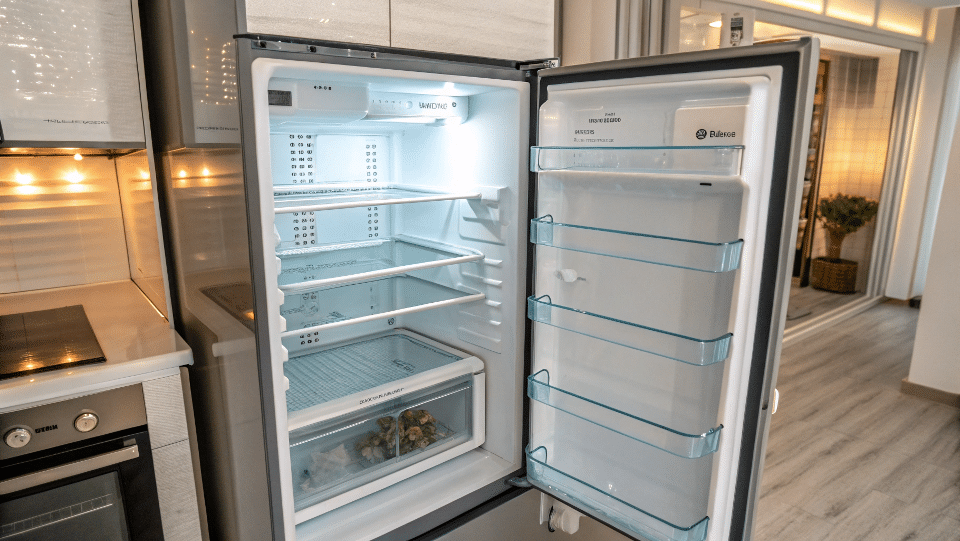 Interior of a retro fridge showing LED lights and glass shelves