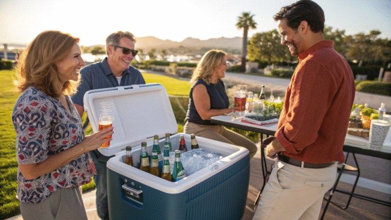 A group of people enjoying cold drinks from a portable cooler at a sunny outdoor event