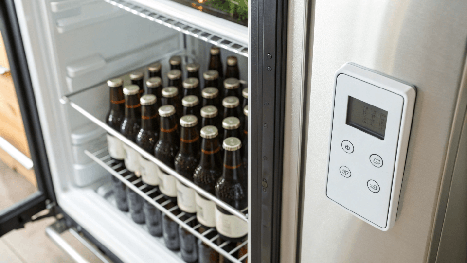 A close-up of a digital thermostat inside a beer fridge