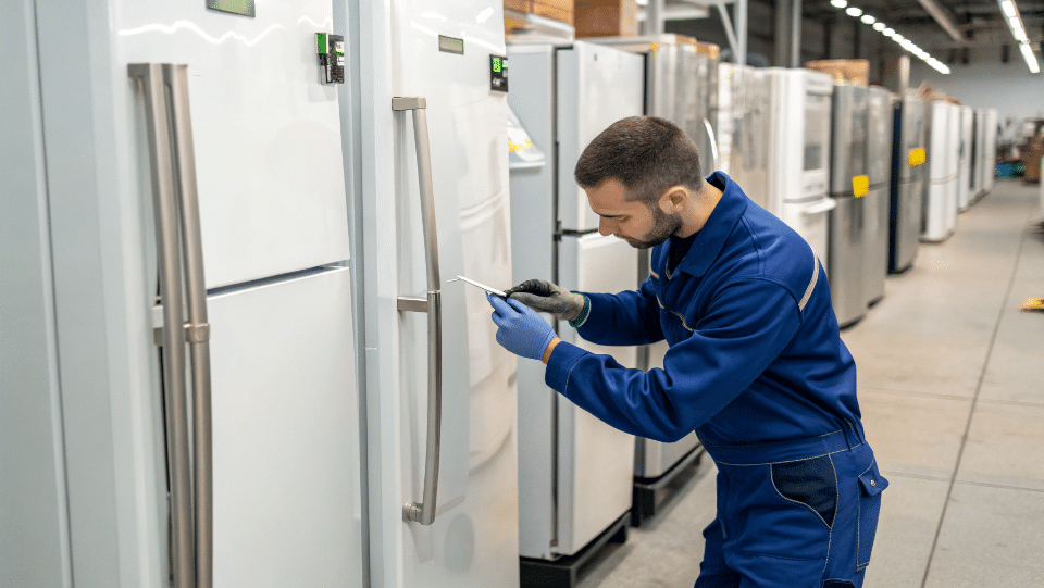 A factory quality control inspector checking a refrigerator door seal