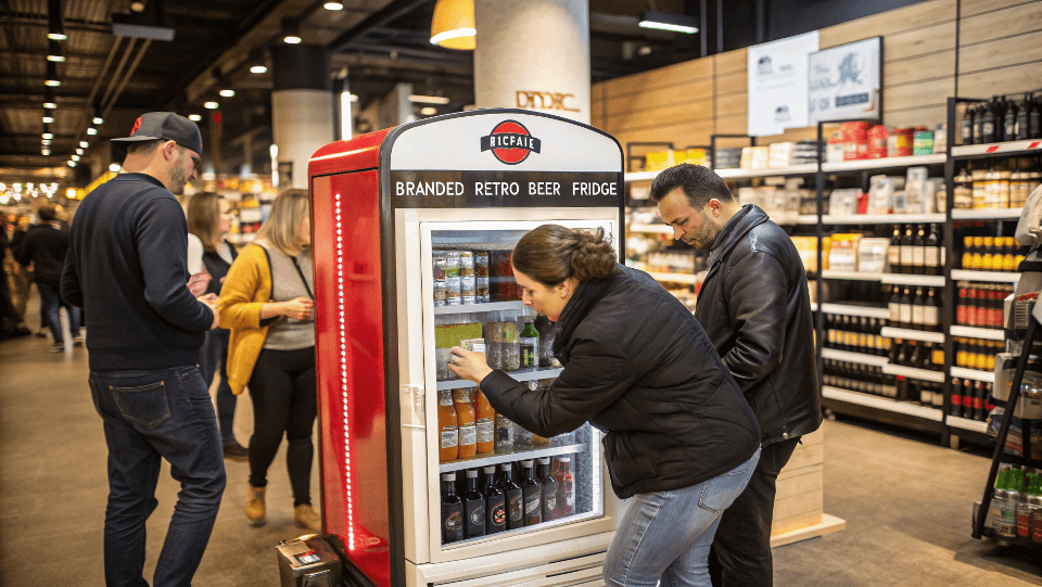 A branded retro beer fridge in a retail setting, surrounded by customers.