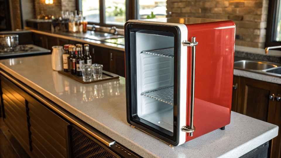 a compact, stylish retro beer fridge on a bar countertop