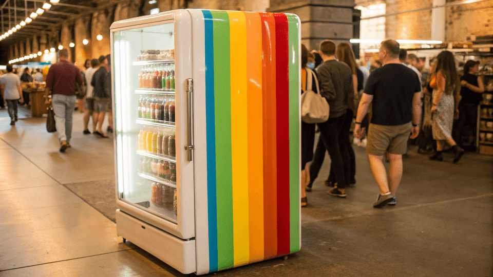 a vibrant retro fridge showcasing a beer brand in a retail store