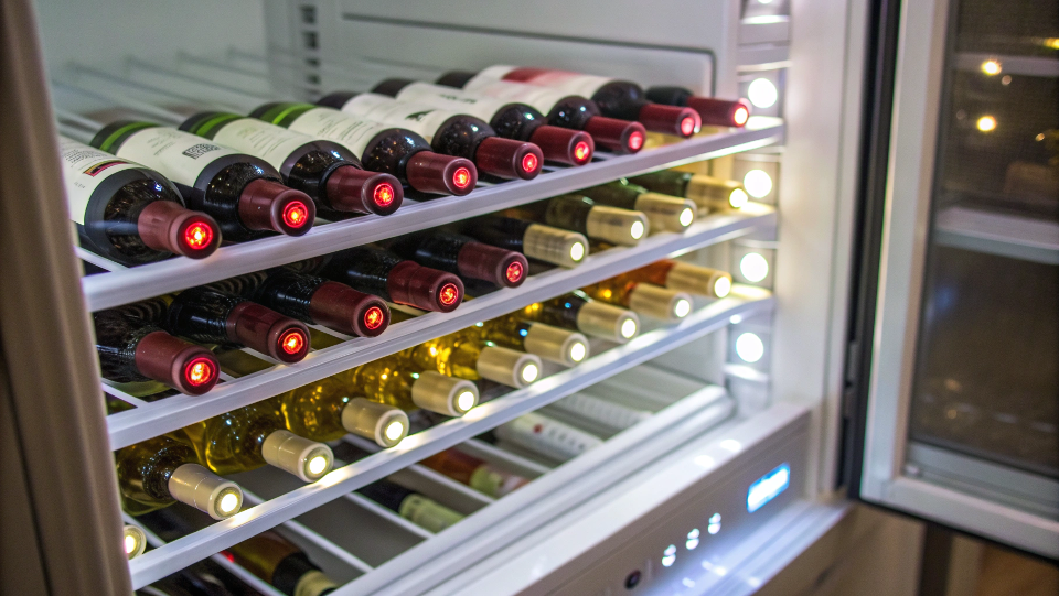 A close-up of LED lights inside a wine cooler
