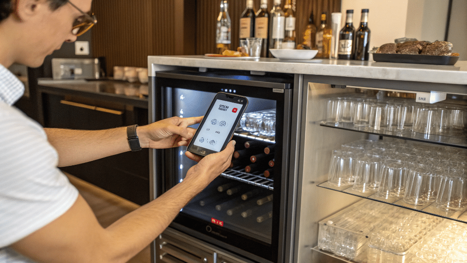 A person adjusting their bar cooler temperature using a smartphone app.