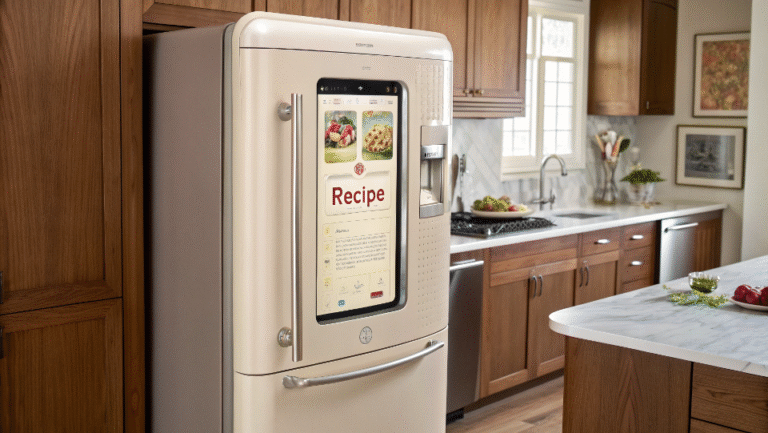 A retro fridge with a seamlessly integrated touch screen displaying a vintage-style recipe app