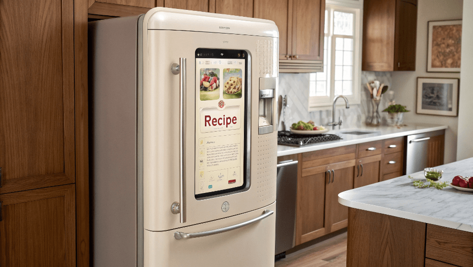 A retro fridge with a seamlessly integrated touch screen displaying a vintage-style recipe app